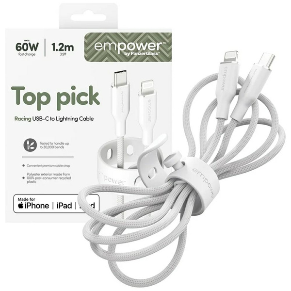 Kabel empower by PanzerGlass Racing 60W USB-C do Lightning 1.2m srebrno-biały