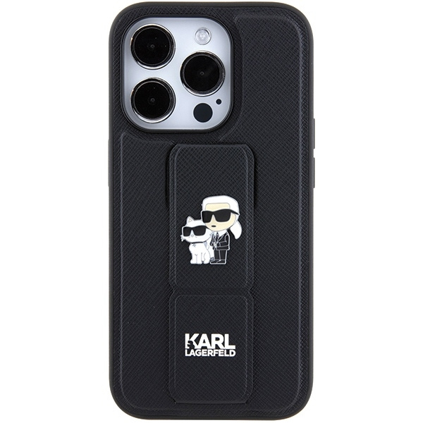 Karl Lagerfeld Gripstand Saffiano Karl&amp;Choupette Pins case for iPhone 15 Pro - black