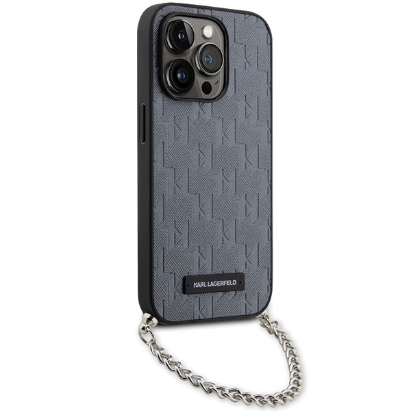 Etui Karl Lagerfeld Saffiano Monogram Chain na iPhone 14 Pro Max - srebrne