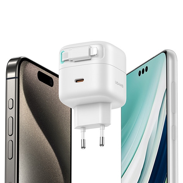 USAMS Ład. siec. 1xUSB-C ze zwijanym kablem Lighning Retractable PD+QC 35W Gan Fast Charging biały/white XMF Series CC209TC02 (US-CC209)