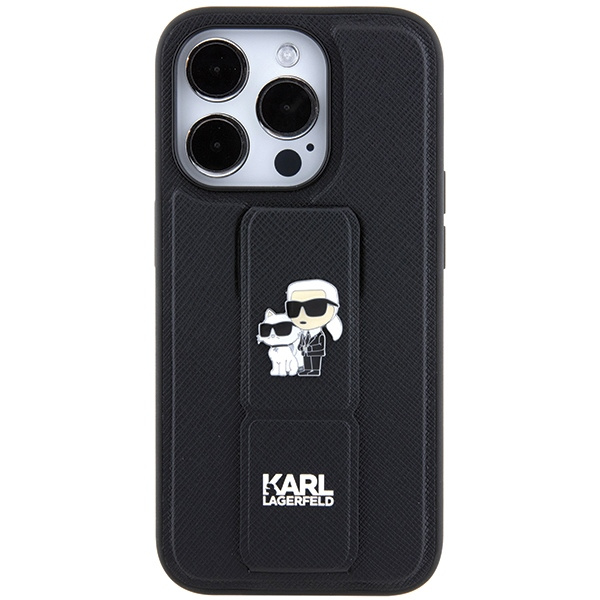 Karl Lagerfeld Gripstand Saffiano Karl&amp;Choupette Pins case for iPhone 14 Pro Max - black