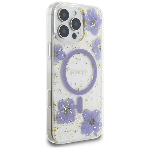Etui Guess Resin Flowers MagSafe do      iPhone 16 Pro Max fioletowy