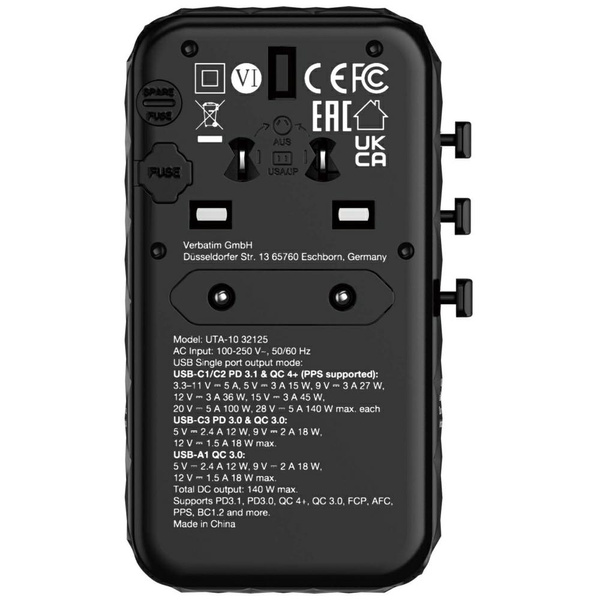 Verbatim Adapter podróżny EU/UK/US GaNUSB-A/3xUSB-C PD 140W UTA-10 czarny/black 32125