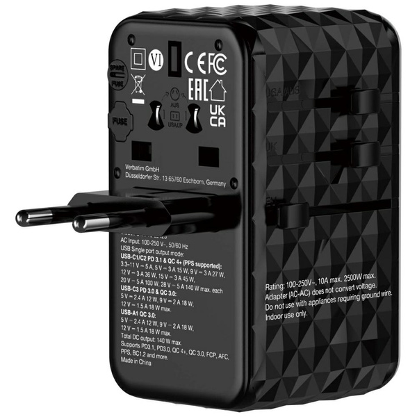 Verbatim Adapter podróżny EU/UK/US GaNUSB-A/3xUSB-C PD 140W UTA-10 czarny/black 32125