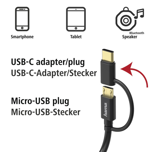 HAMA MICRO USB CABLE 2IN1 WITH USB TYPE-C ADAPTER 1 M BLACK