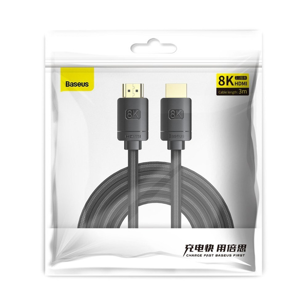 Baseus kabel HDMI 2.1 8K 60 Hz 48 Gbps / 4K 120 Hz / 2K 144 Hz 3D eARC QMS Dynamic HDR VRR ALLM 3 m czarny (CAKGQ-L01)