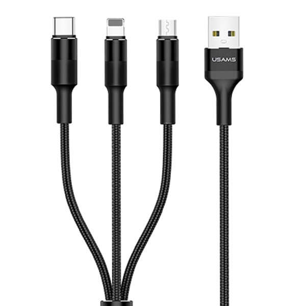 USAMS Kabel pleciony U5 3w1 1,5m 2A czarny/black (lightning/microUSB/USB-C) SJ2193IN101 (US-SJ219)
