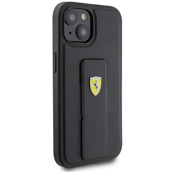 Etui Ferrari Grip Stand Metal Logo na iPhone 15 - czarne
