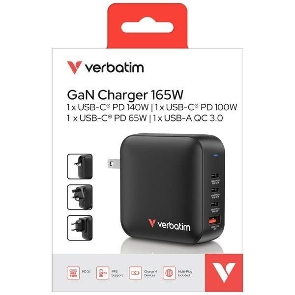 Ładowarka sieciowa Verbatim Mini GaN     165W 3xUSB-C PD/1x USB-A QC czarny 32216