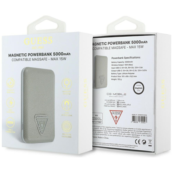 Powerbank indukcyjny Guess Grained       Triangle 5000mAh 15W USB-C MagSafe beżowy