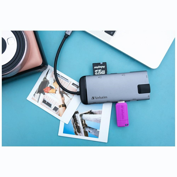 Verbatim Adapter Hub USB-C - USB-C/      3xUSB-A 3.0/HDMI/Eternet/SD/microSD aluminiowy/aluminum 49142