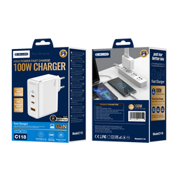 JELLICO ładowarka sieciowa C118 GaN PD 100W 2xUSB-C + 1xUSB QC3.0 + kabel USB-C - USB-C Biały