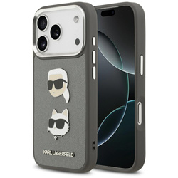 Etui Karl Lagerfeld FW Grained Karl & Choupette Heads Pins & Logo do iPhone 17 Pro szary