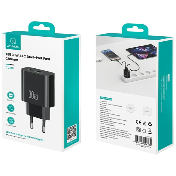 Ładowarka sieciowa USAMS CC316 T65 30W   1xUSB-C 1xUSB-A Fast Charging czarny