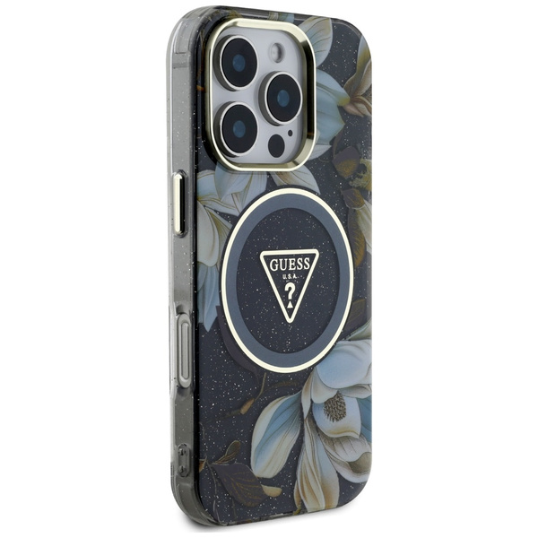 Etui Guess Glitter Flowers Triangle      Buttons MagSafe do iPhone 16 Pro czarny