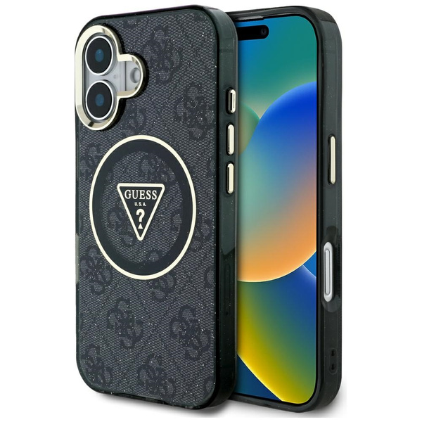 Etui Guess IML Metal Glitter 4G Circle   Triangle MagSafe do iPhone 16 czarny