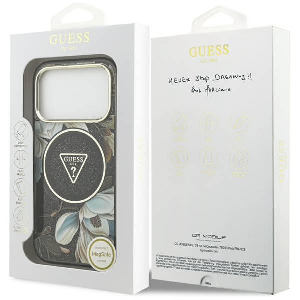 Etui Guess IML Glitter Flowers Triangle  MagSafe do iPhone 17 Pro Max czarny