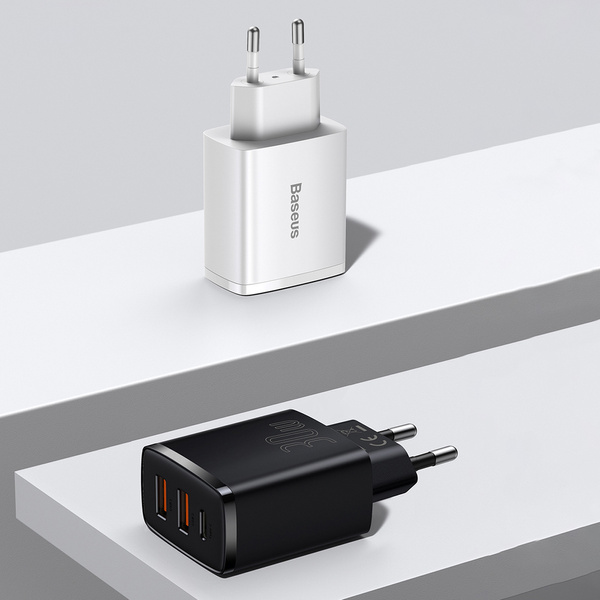 Baseus Compact fast charger 2x USB / USB Type C 30W 3A Power Delivery Quick Charge white (CCXJ-E02)