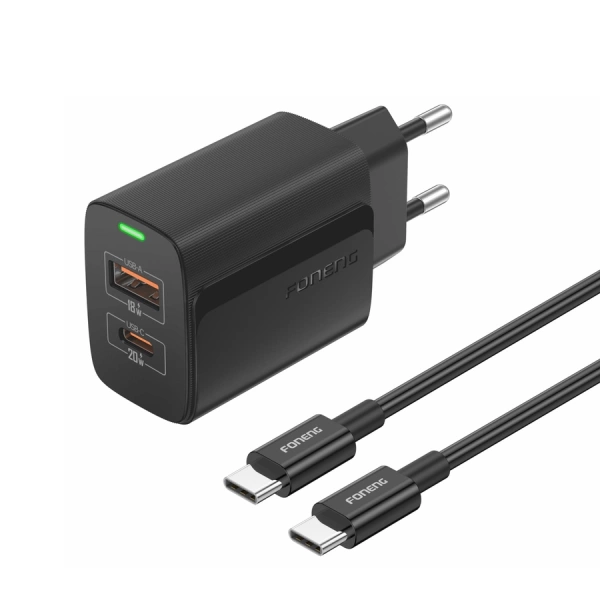 FONENG wall charger EU66 PD 20W 1xUSB-C + 1xUSB QC3.0 + cable USB-C - USB-C Black