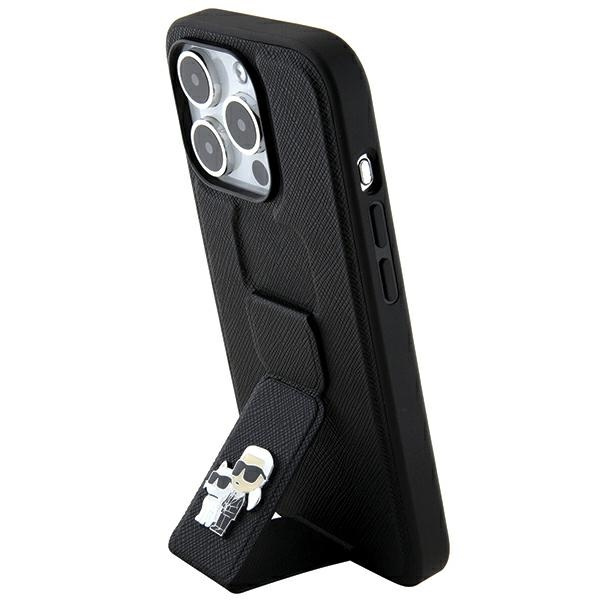 Karl Lagerfeld Gripstand Saffiano Karl&amp;Choupette Pins case for iPhone 14 Pro - black