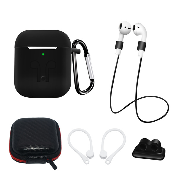 SILICONE CASE SET FOR AIRPODS 2 / AIRPODS 1 + CASE / EAR HOOK / NECK STRAP / WATCH STRAP HOLDER / CARABINER - BLACK
