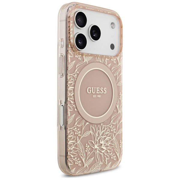 Etui Guess IML Flowers Electro Pearl Strap MagSafe do iPhone 17 Pro różowy
