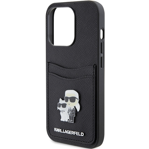 Karl Lagerfeld Saffiano Cardslot Karl&amp;Choupette Metal Pin case for iPhone 15 Pro - black