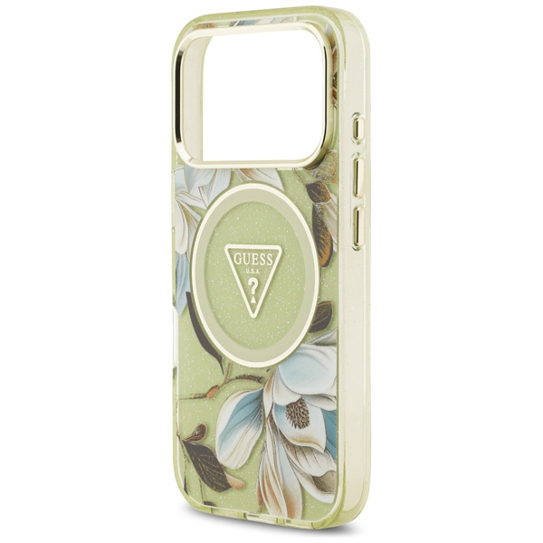 Etui Guess IML Glitter Flowers Triangle  MagSafe do iPhone 17 Pro Max zielony
