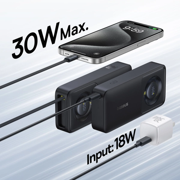 Baseus Free2Pull 10000mAh 30W powerbank with USB-C port and retractable USB-C cable - black