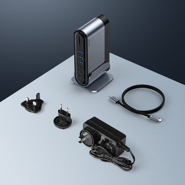 HUB Baseus CAHUB-DG0G 3x USB 3.2 Gen 1 / 2x USB-A / 2x USB-C / czytnik kart SD, micro SD / AUX / 3x HDMI / RJ45 PD 100W (wtyczki EU / CN / UK) - szary