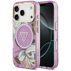 Etui Guess IML Glitter Flowers Triangle MagSafe do iPhone 17 Pro Max fioletowy