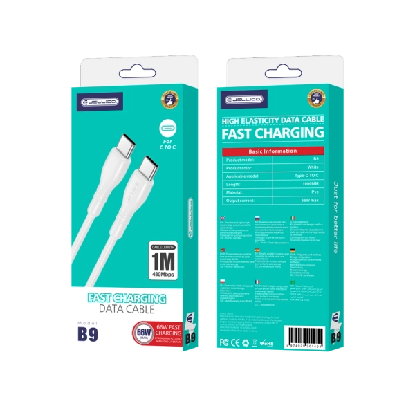 JELLICO kabel B9 USB-C - USB-C PD 66W 1M Biały