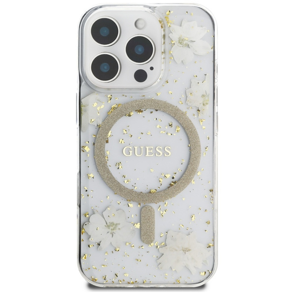 Etui Guess Resin Flowers Glitter MagSafe do iPhone 16 Pro  beżowy