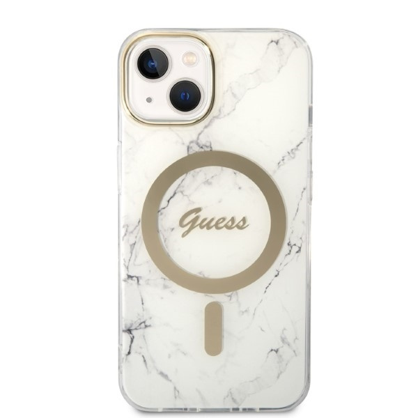 Zestaw Guess GUBPP14MHMEACSH Case+ Charger iPhone 14 Plus / 15 Plus 6.7" biały/white hard case Marble MagSafe