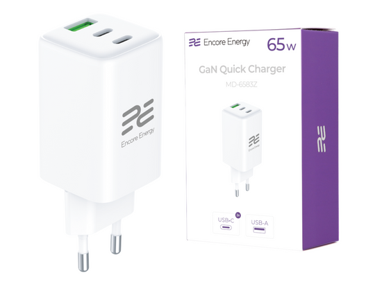 GaN 65W USB-A + 2x USB-C QC PD Wall Charger Encore Energy MD-6583Z
