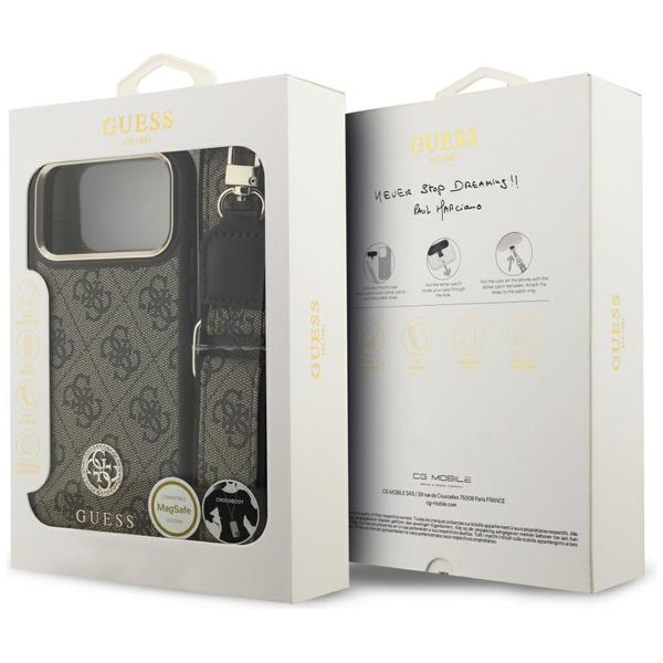 Etui Guess 4G Strass Logo & Big Strap    Metal Buttons MagSafe do iPhone 17 Pro Max brązowy