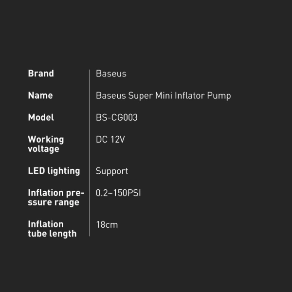 Baseus CRCQ000001 Mini Tire Compressor for Cigarette Lighter Socket - Black