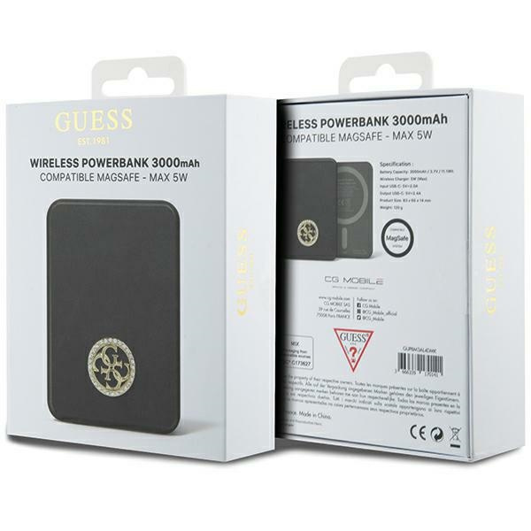 Guess Powerbank indukcyjny 5WGUPBM3AL4DMK 3000mAh czarny/black MagSafe 4G Strassed Metal Logo