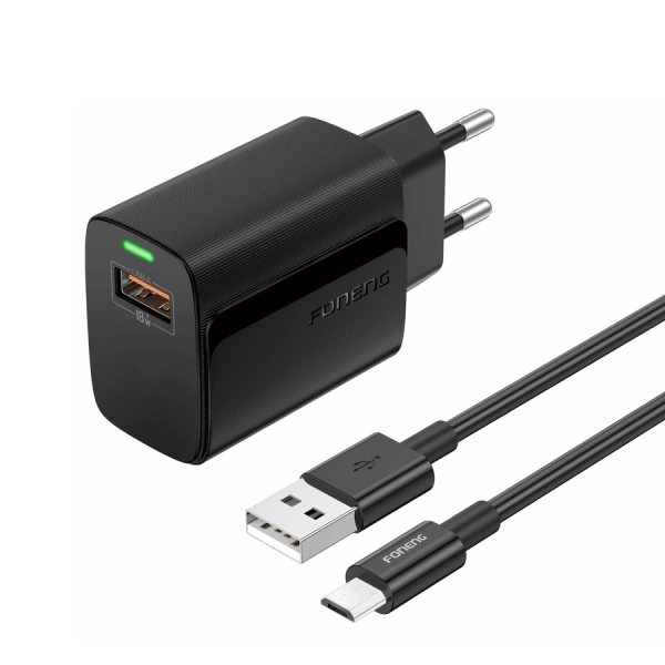 FONENG wall charger EU64 18W 1xUSB QC3.0 + cable USB-C Black