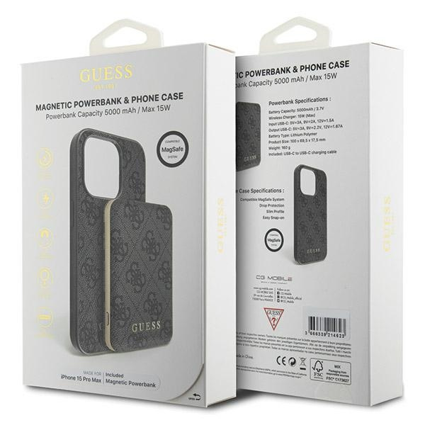 Zestaw Guess GUBPM5P15X4GEMGK iPhone15 Pro Max 6.7" hardcase + Powerbank 5000mAh MagSafe czarny/black 4G Metal Logo