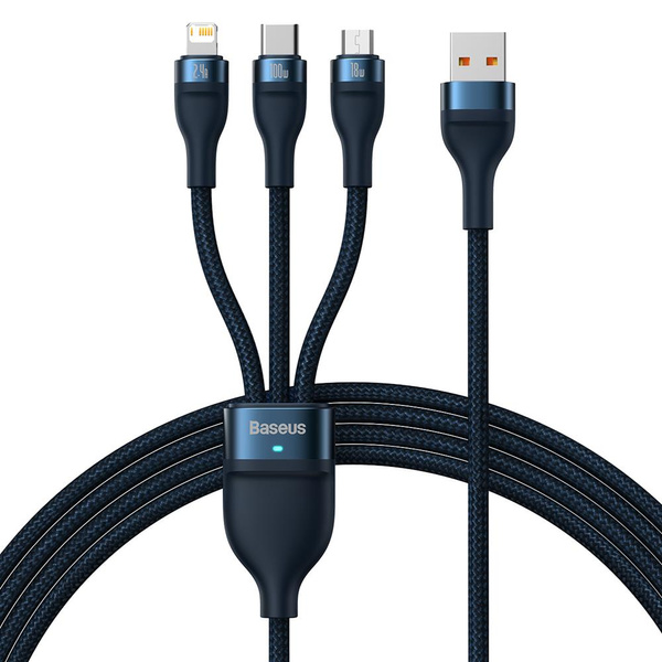 Baseus Flash Series Ⅱ kabel 3w1 do szybkiego ładowania USB-A do USB-C / Micro-USB / Lightning 66W 480Mb/s 1.2m niebieski