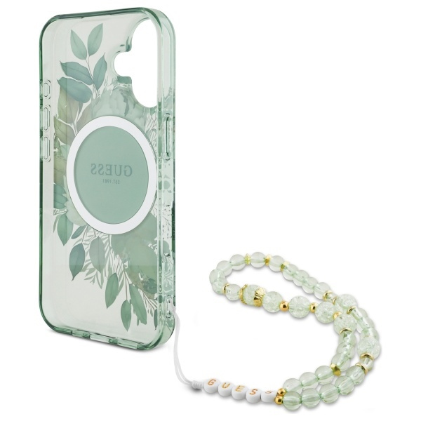 Guess GUHMP16MHFWBRCESN iPhone 16 Plus6.7" zielony/green hardcase IML Flowers With Pearl Strap MagSafe