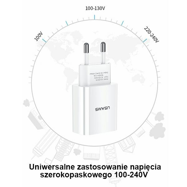 USAMS Ład. siec. 1xUSB T18 2,1A (only head) biały/white Fast Charging CC075TC01