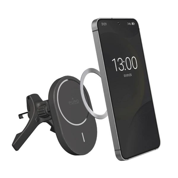 Uchwyt samochodowy Puro z ładowarką Qi2, kompatybilny z MagSafe - czarny