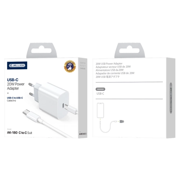 JELLICO wall charger AK180 PD 20W 1xUSB-C + cable USB-C - USB-C White