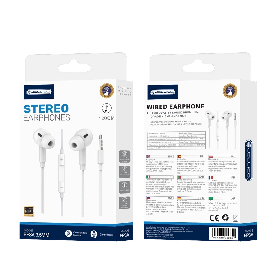 JELLICO wired earphones EP3A JACK with microphone White