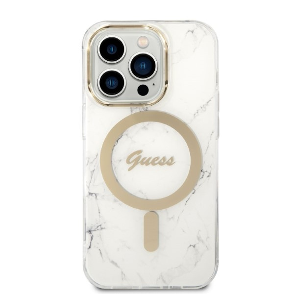 Zestaw Guess GUBPP14XHMEACSH Case+ Charger iPhone 14 Pro Max 6,7" biały/white hard case Marble MagSafe