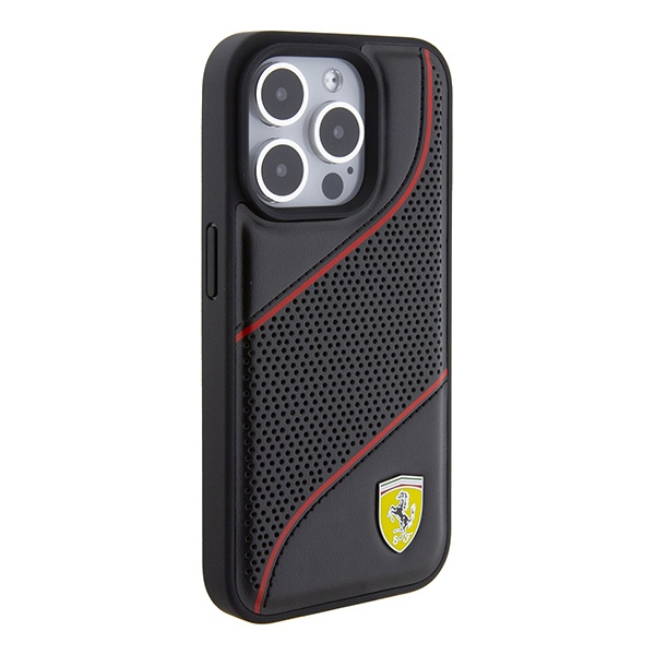 Etui Ferrari Perforated Waves Metal Logo na iPhone 15 Pro - czarne