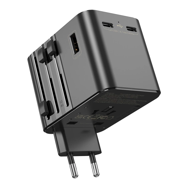 JELLICO uniwersalny adapter podróżny S9 PD 2xUSB-C + 1xUSB 3.4A Max 2500W Czarny
