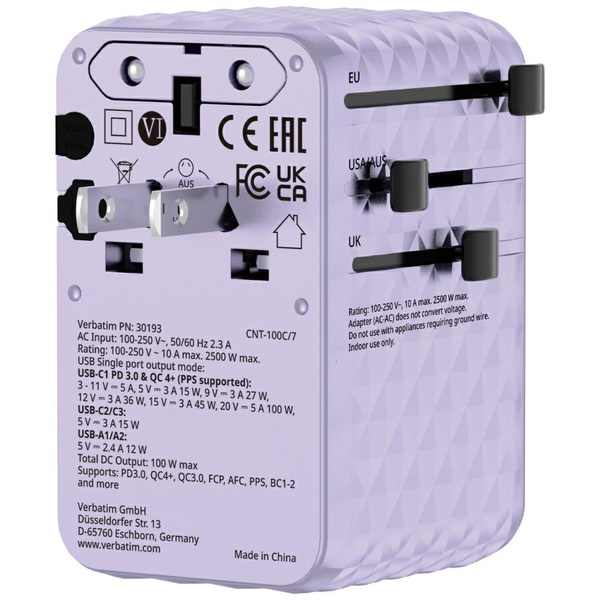 Verbatim Adapter podróżny EU/UK/US GaN   2xUSB-C/2xUSB-A/1xUSB-C PD 100W fioletowy 30193